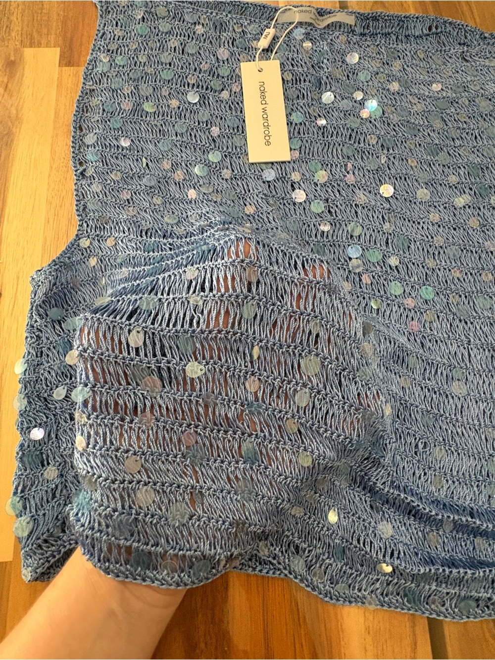 NWT Naked Wardrobe Sz XL Blue Sequin Crocheted Boat Neck See Through Crop Top - Picture 6 of 10